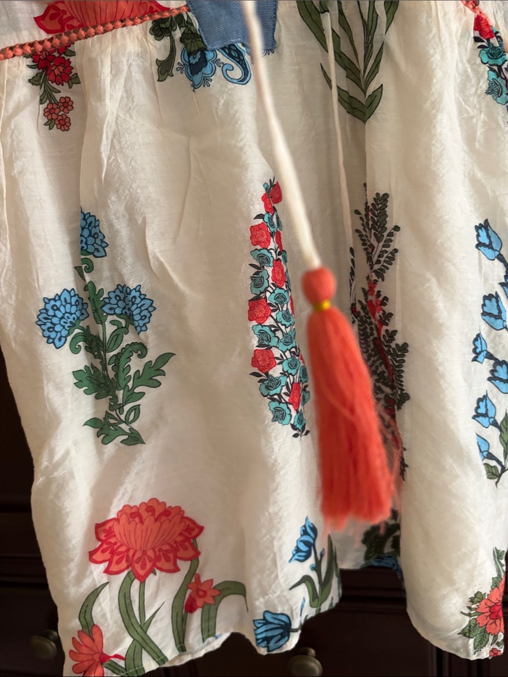 THML cream Floral Embroidered Peasant Blouse with Coral & Blue Accents - Picture 5 of 7